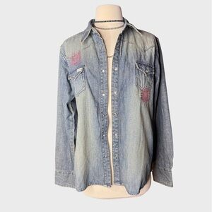 Vintage Y2K Denim shirt Shacket Rhinestones Metallic Embroidery Cotton‎ Large